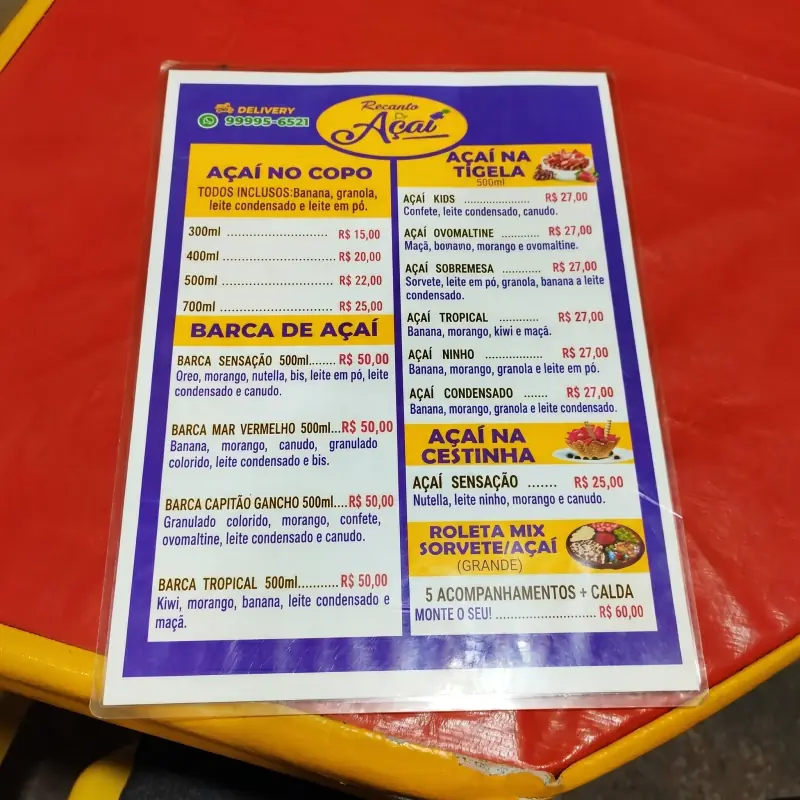 Catálogo Recanto do Açaí - Página 1 com preços dos açaís e bebidas