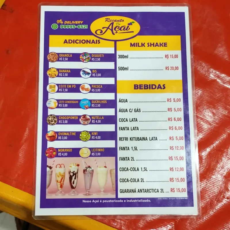 Catálogo Recanto do Açaí - Página 2 com preços dos sorvetes e bebidas