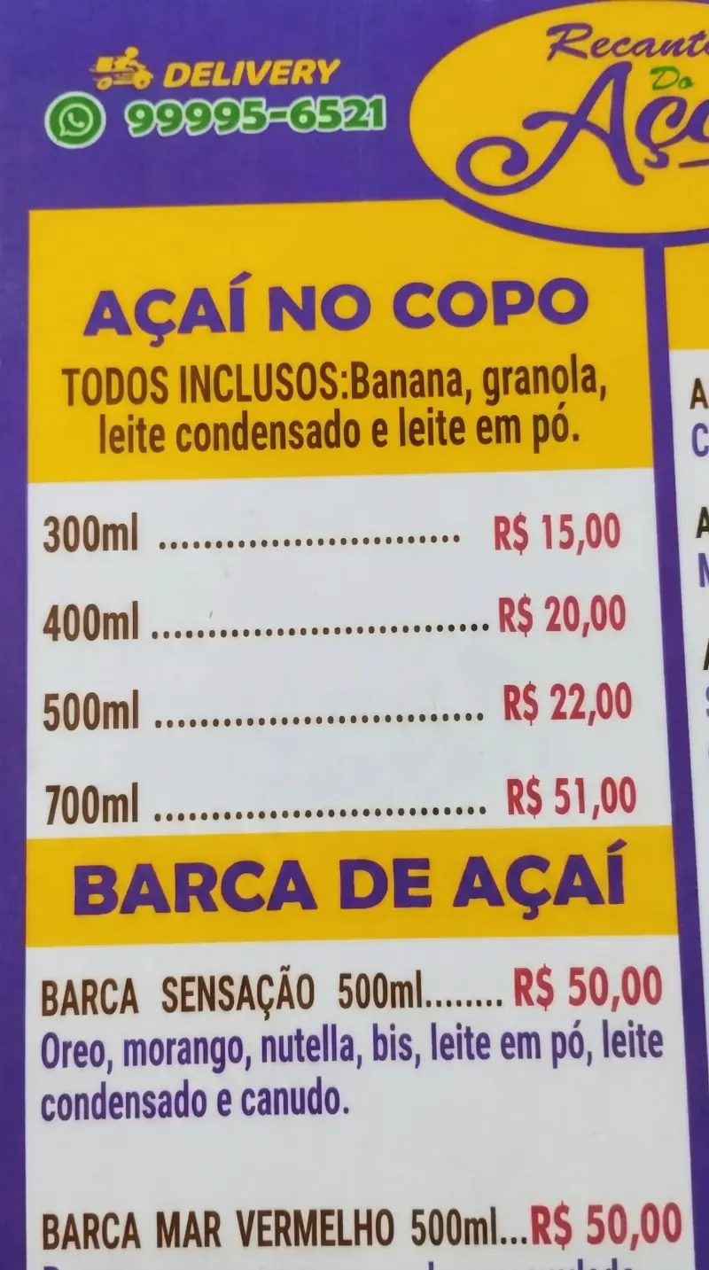 Catálogo Recanto do Açaí - Página 3 com preços gerais do cardápio